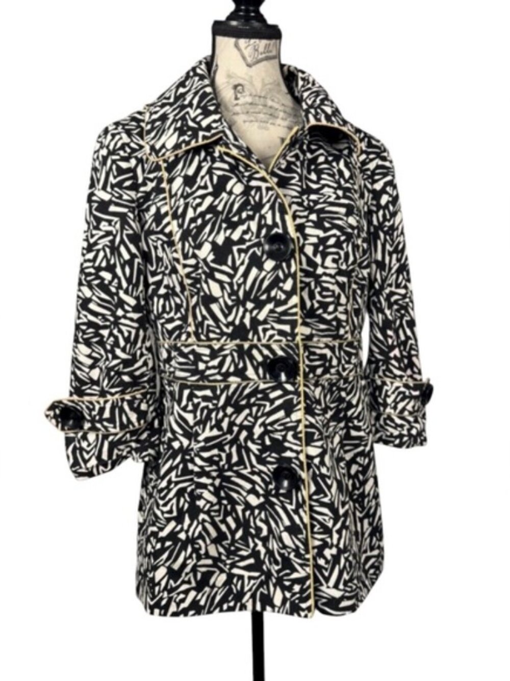 Sharon Young Graphic Print Jacket Size 8 Black Cream Gold Trim - Picture 2 of 11